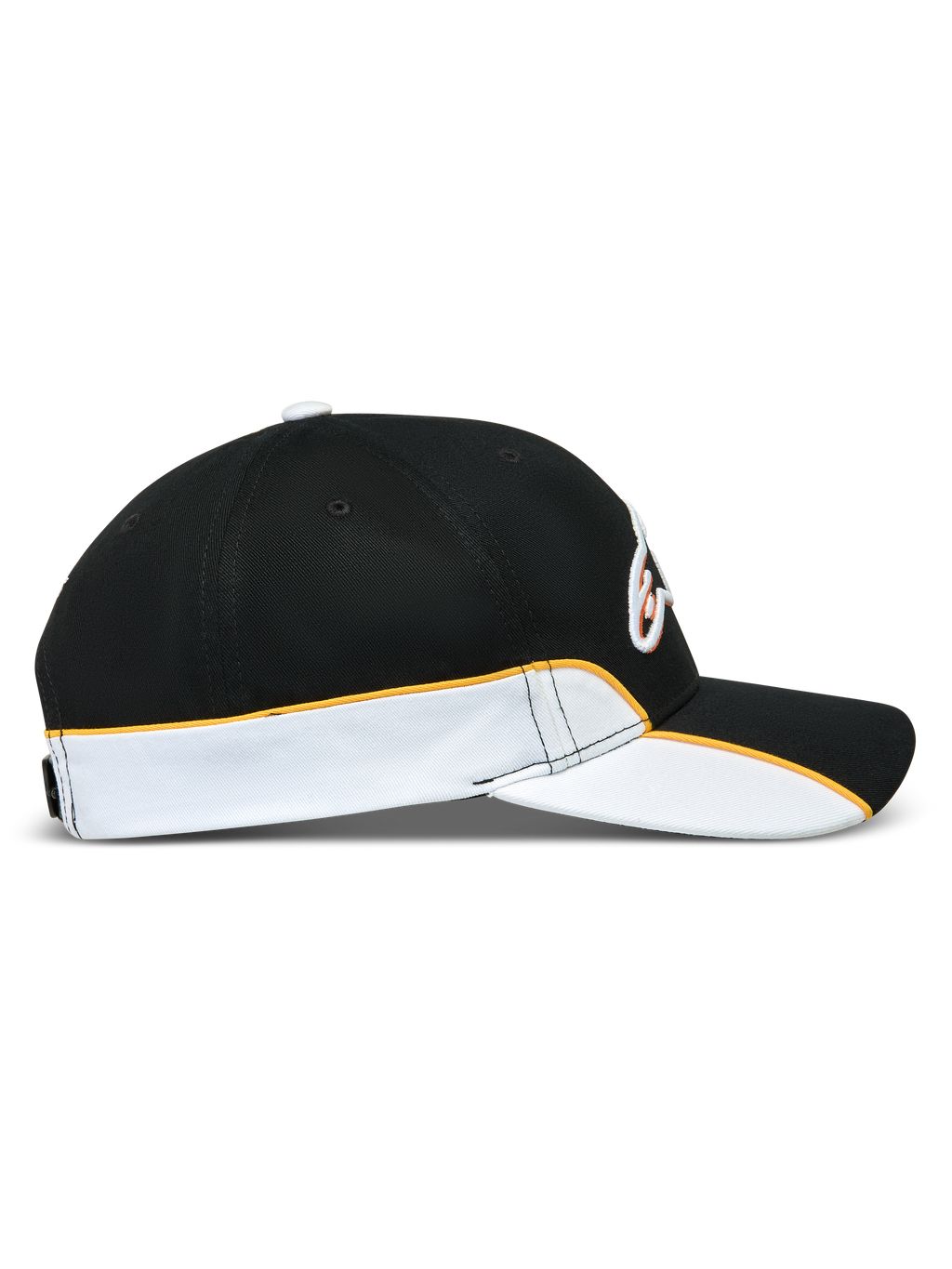 Alpinestars Casquette 500 Snapback, casquette sportswear inspirée du motorsport, noire et blanche avec liseré orange, vue de profil montrant la visière incurvée, la couronne structurée et le passepoil contrasté