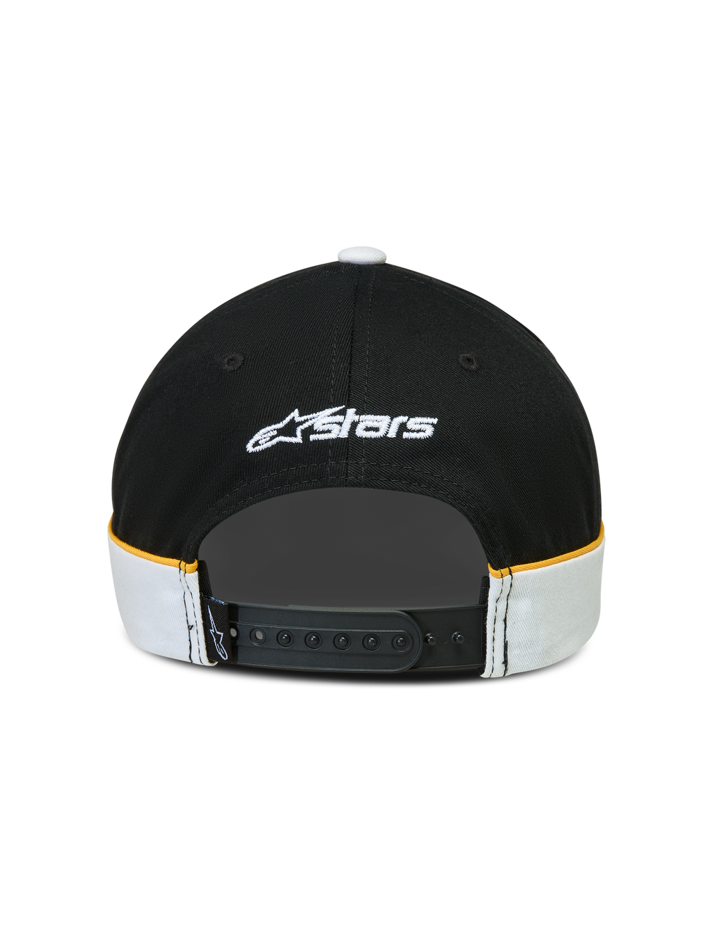 Alpinestars Casquette 500 Snapback, casquette sportswear lifestyle noire et blanche avec accents jaunes, vue arrière avec fermeture snapback réglable, logo Astars blanc brodé et passepoil contrasté.