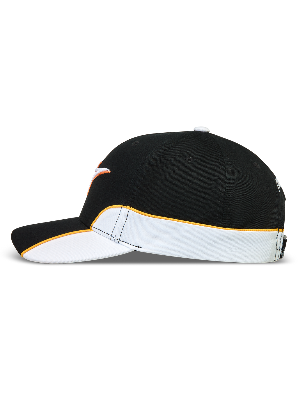Alpinestars 500 Snapback, casquette de sportswear d'inspiration motorsport, unisexe, noire et blanche avec passepoil orange contrasté, vue de profil montrant les détails cut-and-sew, visière incurvée et couronne structurée en sergé de coton résistant.