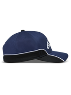 Alpinestars 500 Snapback Hat, Unisex Motorsport-inspired Sportswear Baseball Cap, Navy Blue and Black, featuring a structured crown, curved bill, white contrast piping, and 3D Astars embroidery, side view.