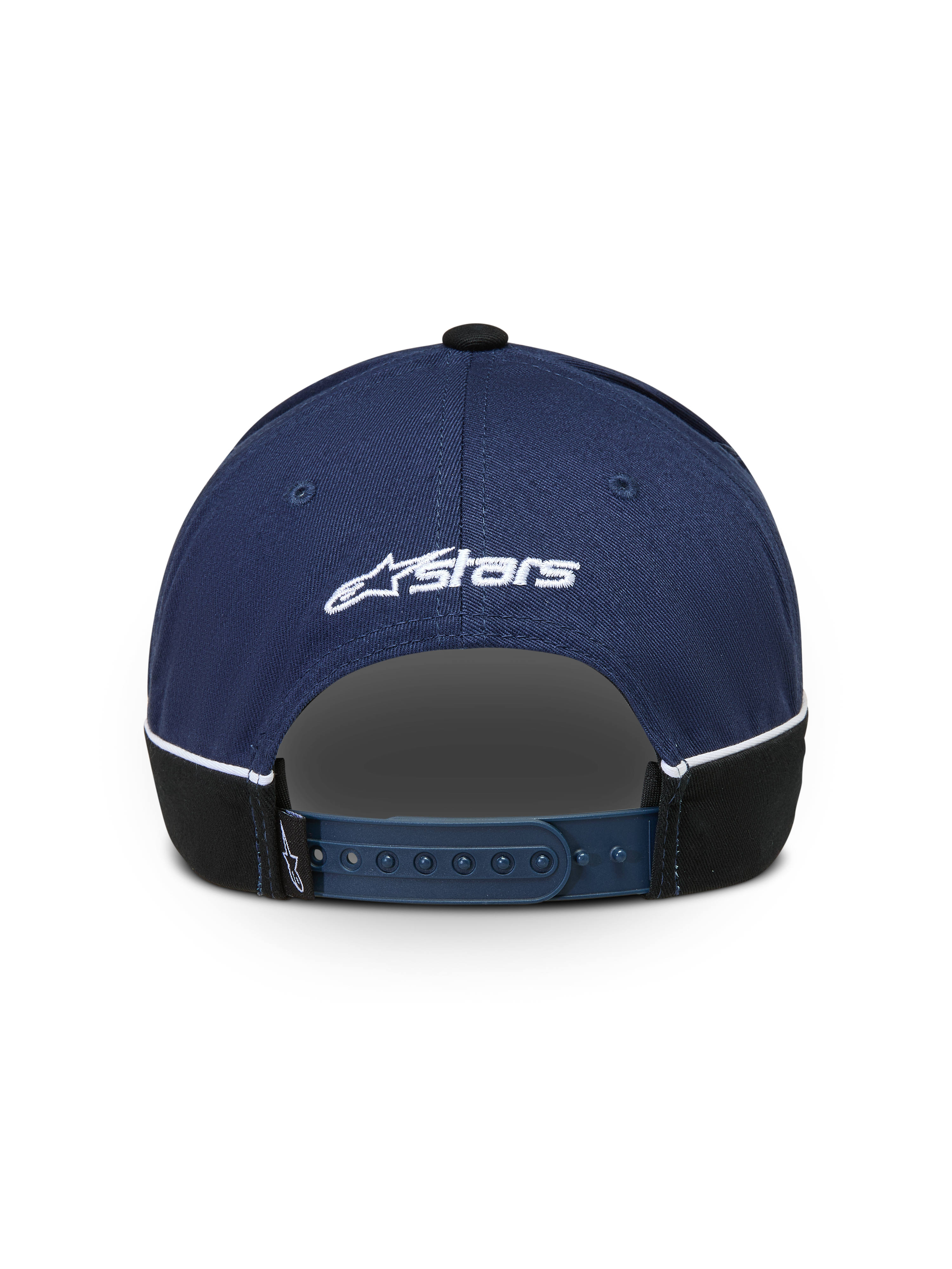 Alpinestars 500 Snapback Hat, Sportswear Baseball Cap, Navy Blue and Black, Rear View showing Adjustable Snapback Closure, White Astars Logo Embroidery, and Contrast Piping Detail.