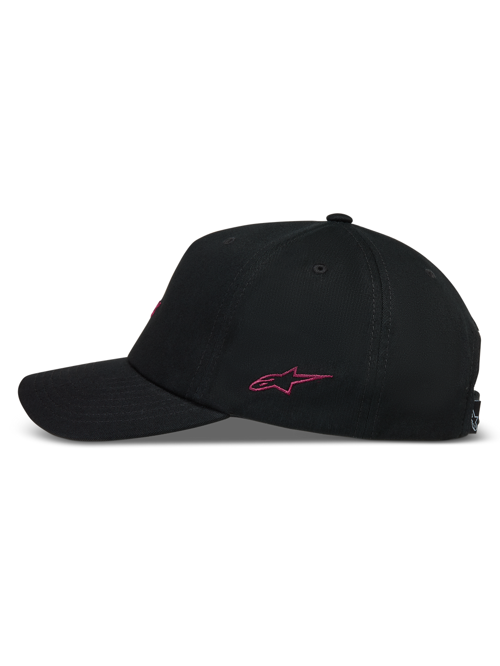 Alpinestars Explorer Strapback Hat, side view of a black sportswear cap with pink embroidered logo and curved bill.