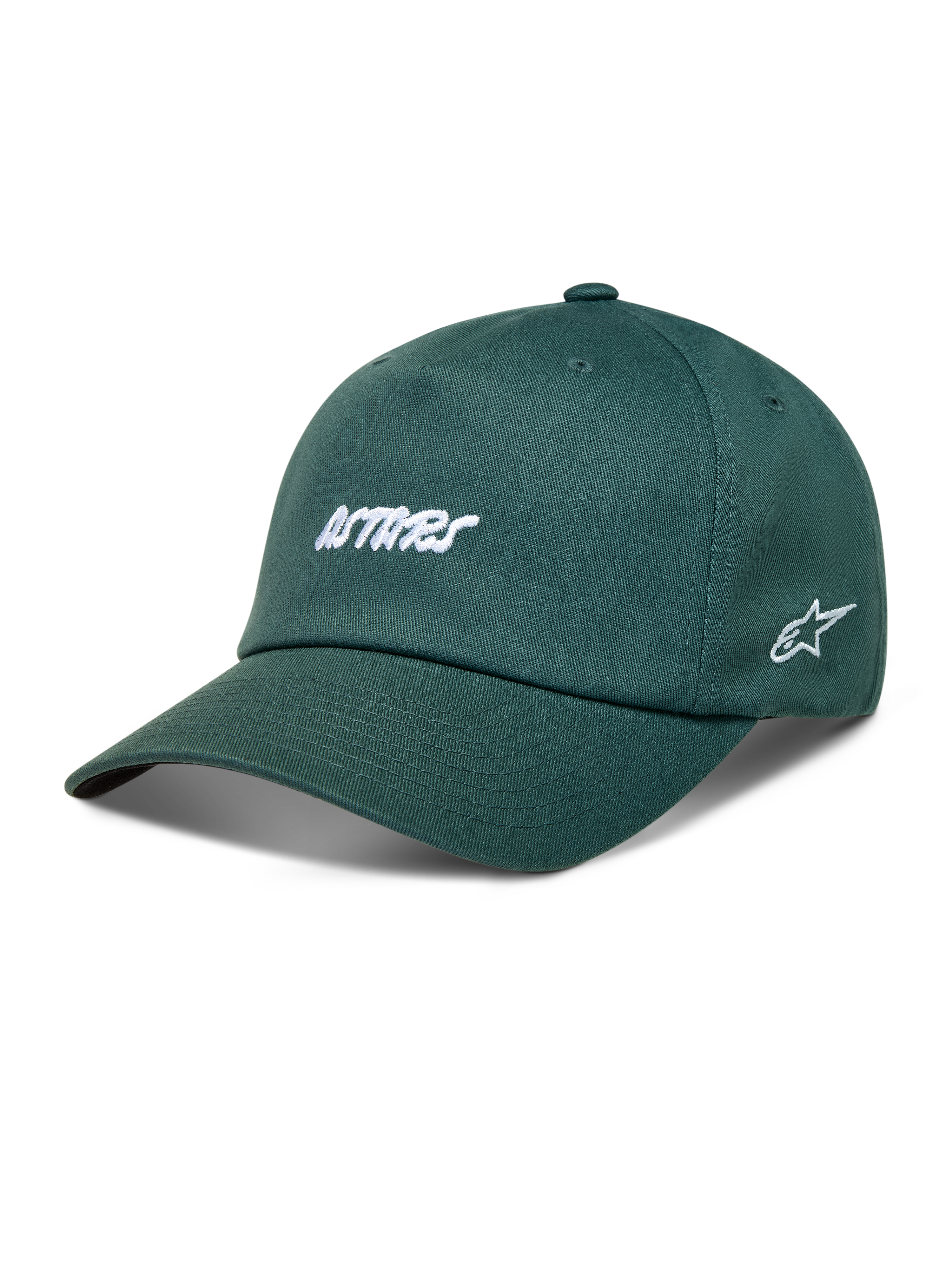 Alpinestars Explorer Strapback Casquette, casquette de sportswear verte en sergé, visière incurvée et logos blancs brodés.