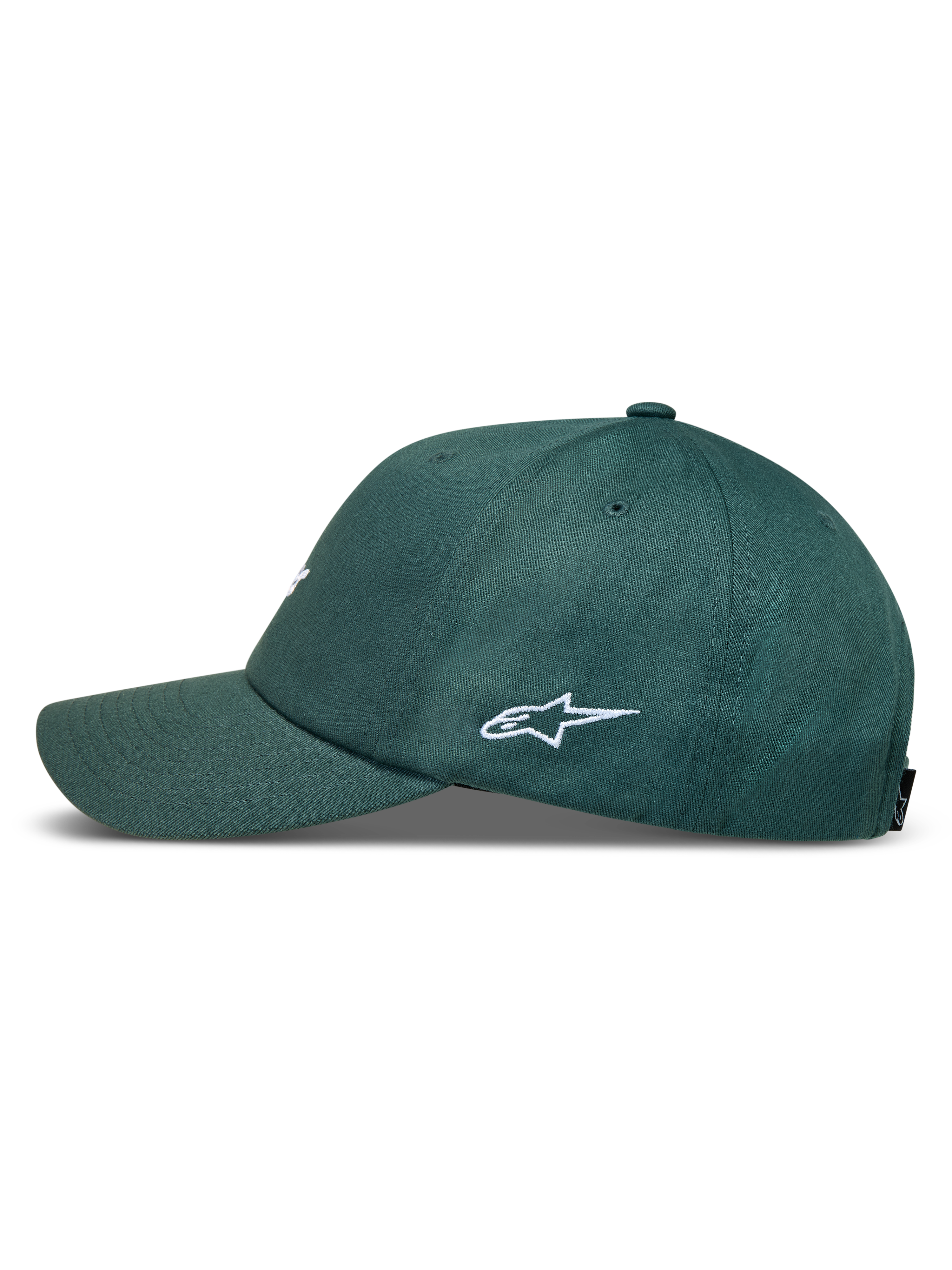 Alpinestars Explorer Strapback, casquette verte avec logo blanc brodé, vue de profil et visière incurvée