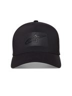 Alpinestars Algo Perf Adjustable Hat, black sportswear cap with curved bill, structured crown, and sonic weld Astars logo.