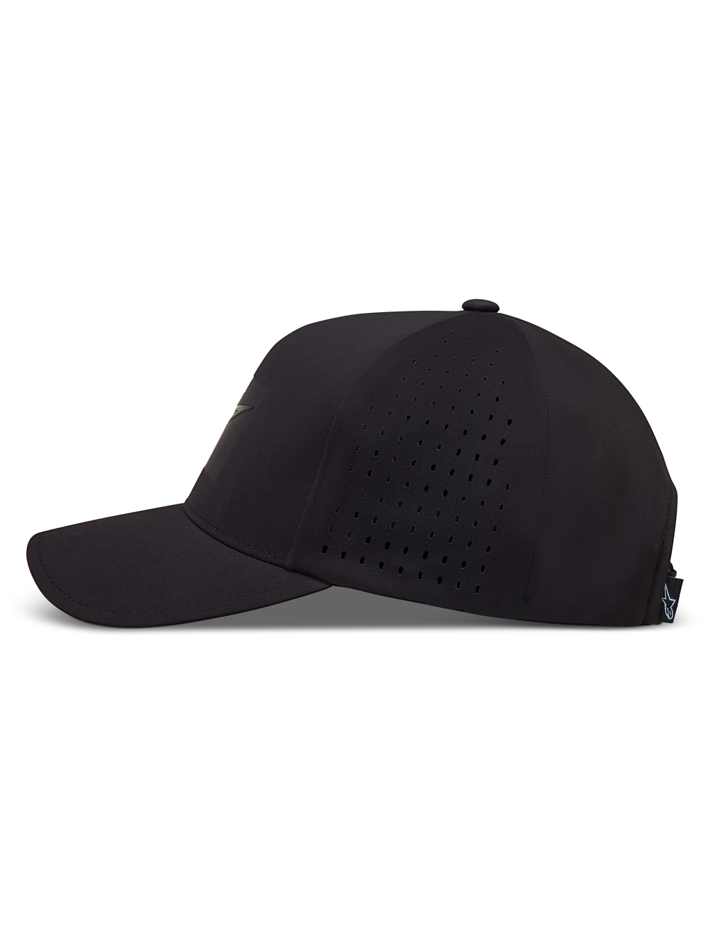 Alpinestars Algo Perf Adjustable Hat in Black, featuring a curved bill and perforated side panels for breathability.