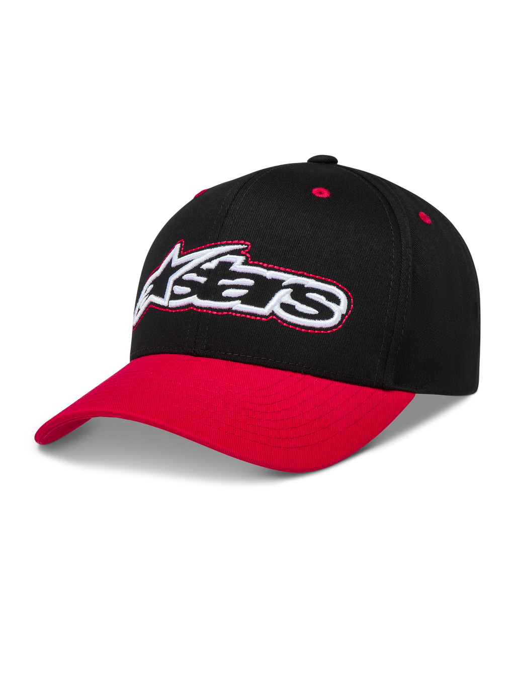 Alpinestars Retro Snapback, casquette de sportswear noire et rouge, visière incurvée et logo Astars brodé