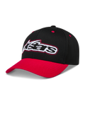 Alpinestars Retro Snapback, casquette de sportswear noire et rouge, visière incurvée et logo Astars brodé