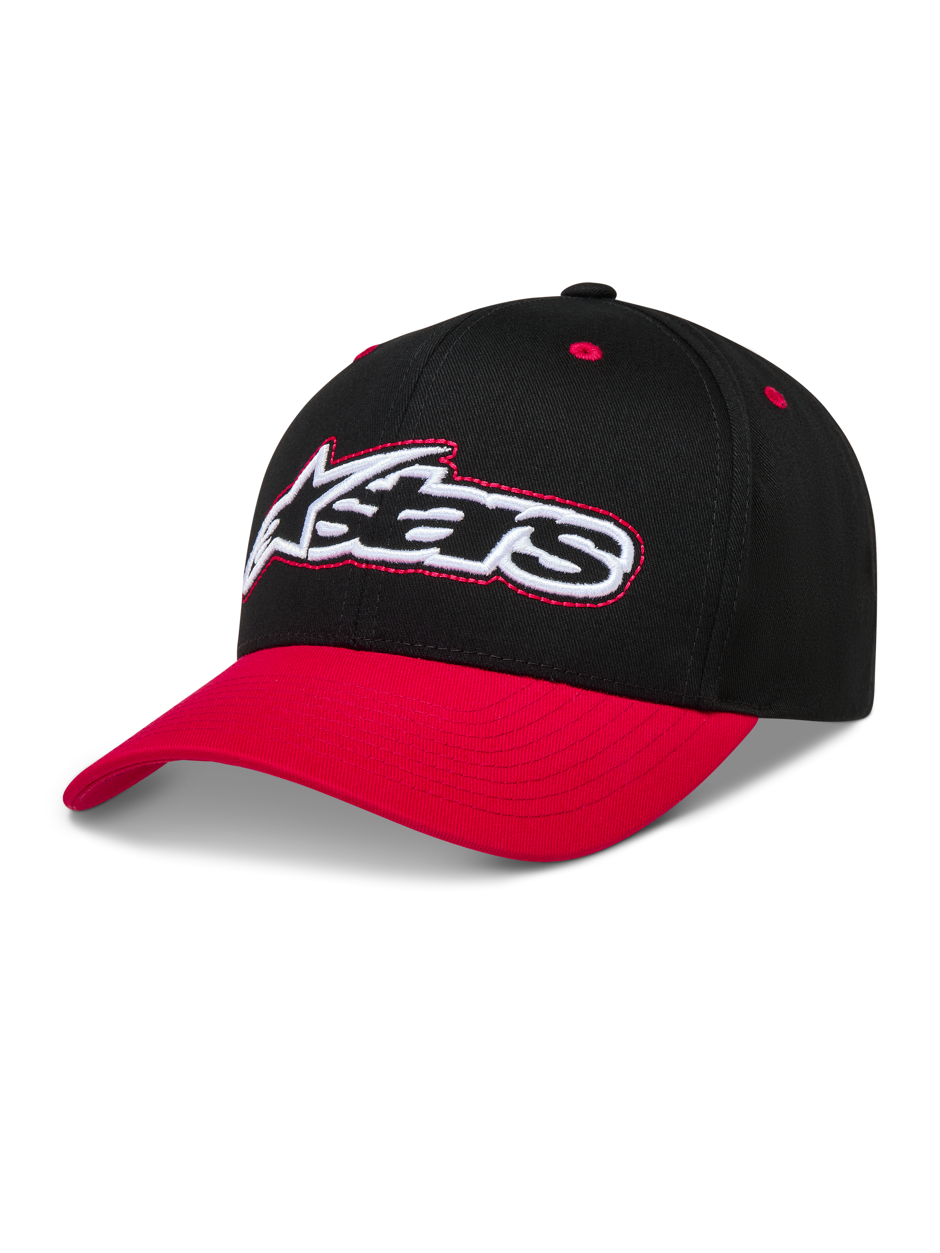 Alpinestars Retro Snapback, casquette de sportswear noire et rouge, visière incurvée et logo Astars brodé