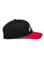 Alpinestars Retro Snapback, casquette sportswear noire et rouge, vue de profil avec visière incurvée