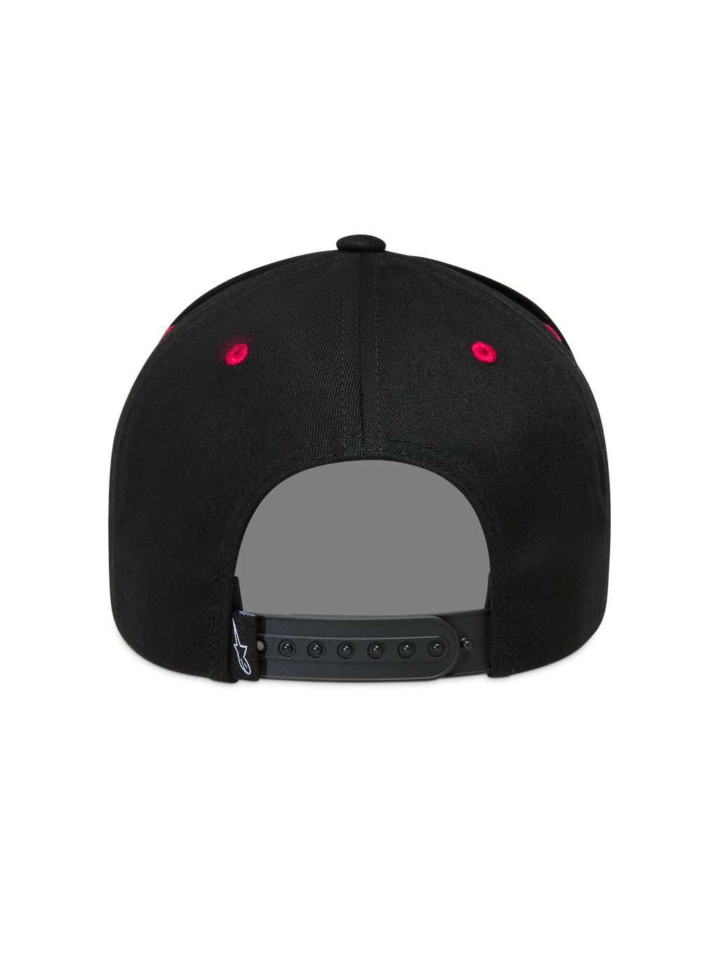 Alpinestars Retro Snapback, casquette sportswear noire et rouge, vue de dos avec attache snapback et œillets rouges.