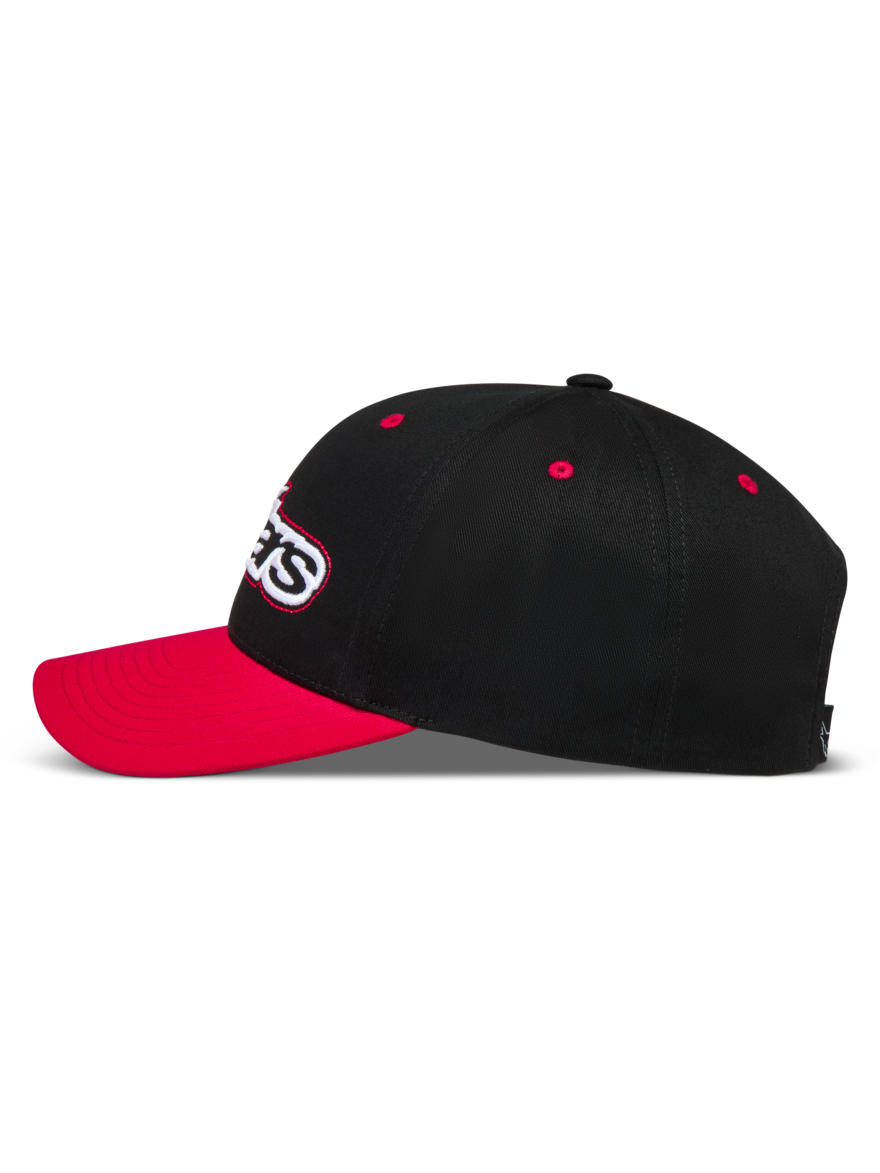 Alpinestars Retro Snapback, casquette de sportswear noire et rouge, vue de profil avec visière incurvée