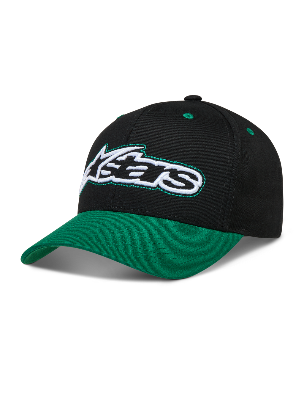 Alpinestars Retro Snapback, casquette sportswear noire et verte, visière incurvée, couronne structurée et logo Astars brodé.
