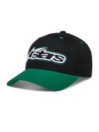 Alpinestars Retro Snapback, casquette sportswear noire et verte, visière incurvée, couronne structurée et logo Astars brodé.