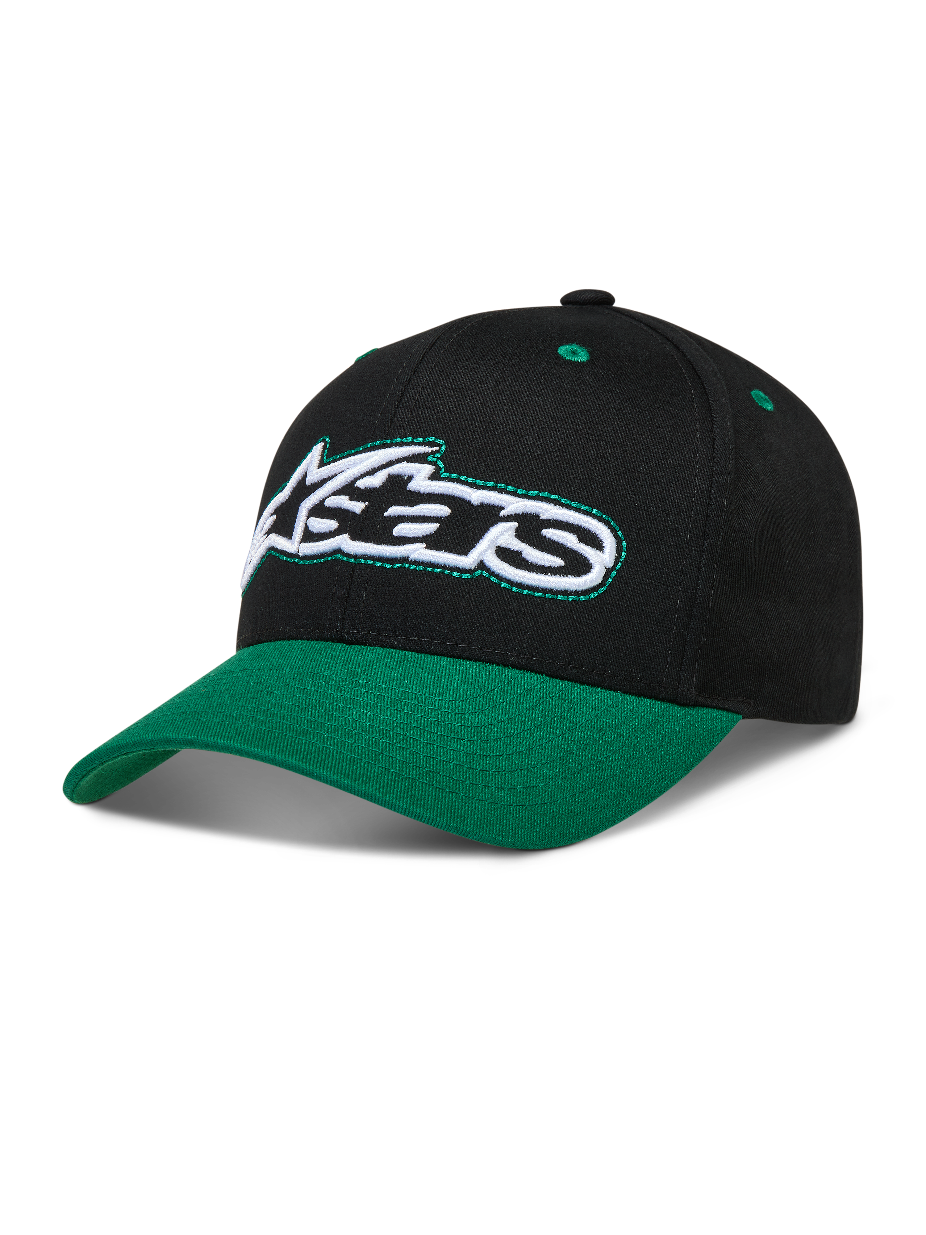Alpinestars Retro Snapback, casquette sportswear noire et verte, visière incurvée, couronne structurée et logo Astars brodé.