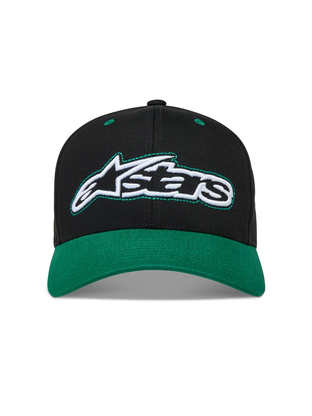 Alpinestars Retro Snapback Casquette, casquette sportswear noire et verte en sergé, visière incurvée et logo Astars brodé.