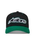 Alpinestars Retro Snapback Casquette, casquette sportswear noire et verte en sergé, visière incurvée et logo Astars brodé.