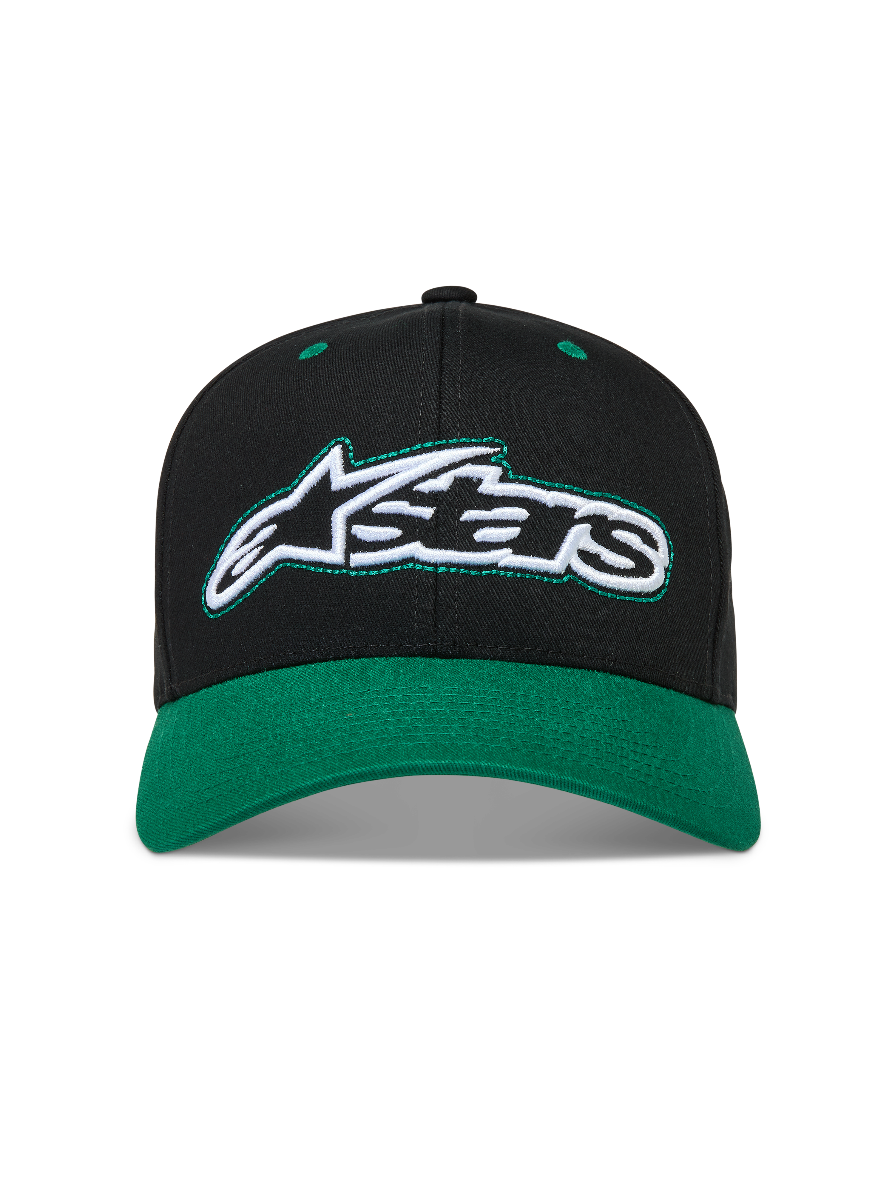 Alpinestars Retro Snapback Casquette, casquette sportswear noire et verte en sergé, visière incurvée et logo Astars brodé.