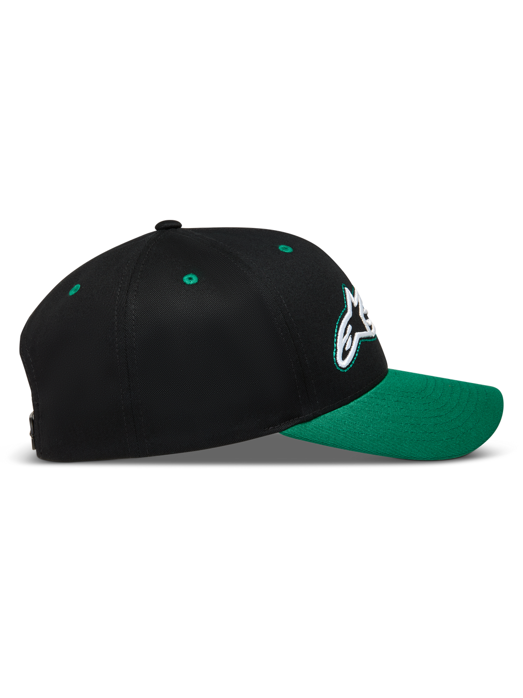 Alpinestars Retro Snapback, casquette sportswear noire et verte, vue de profil, visière incurvée et couronne structurée