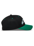 Alpinestars Retro Snapback, casquette sportswear noire et verte, vue de profil, visière incurvée et couronne structurée