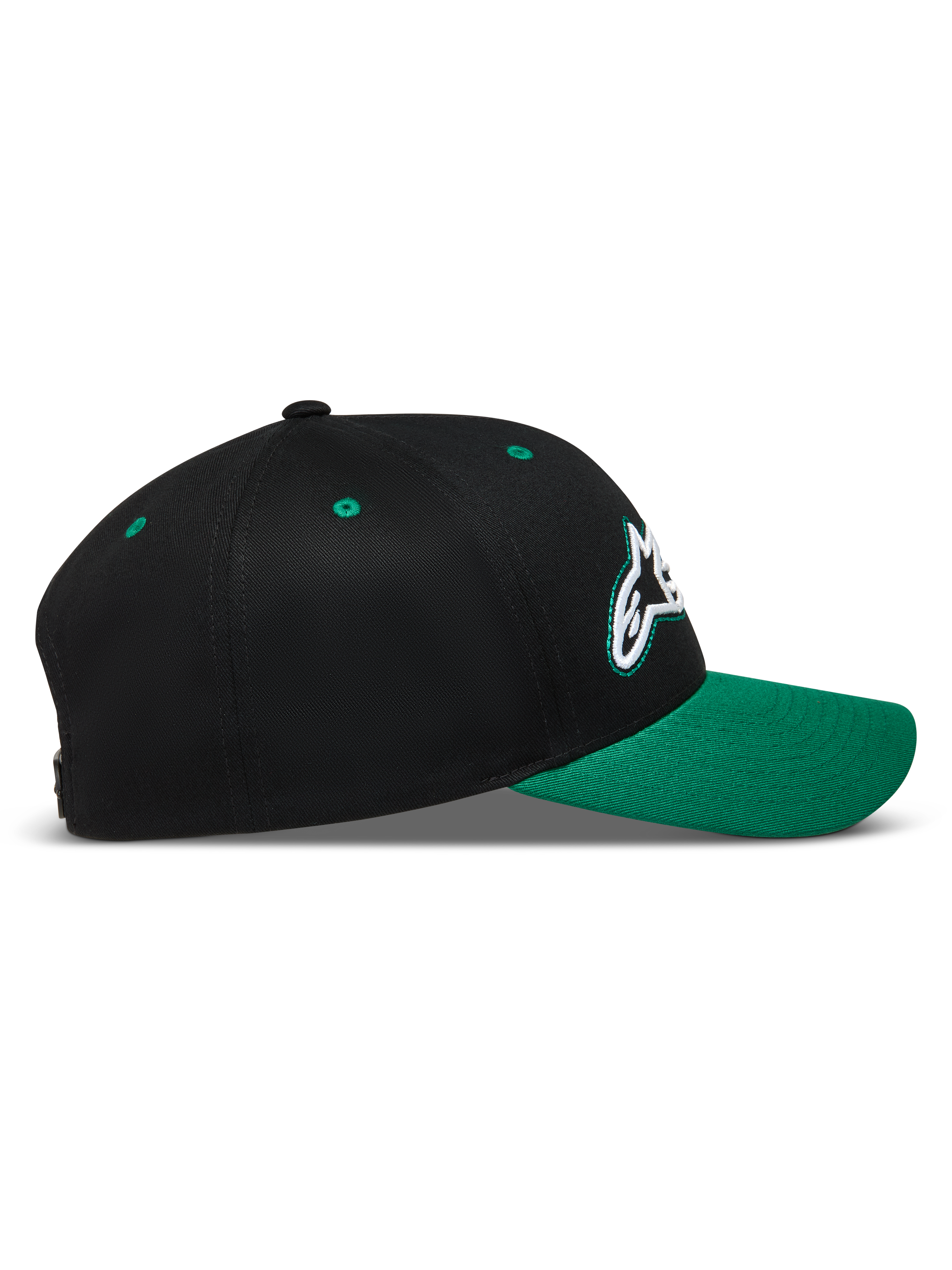 Alpinestars Retro Snapback, casquette sportswear noire et verte, vue de profil, visière incurvée et couronne structurée
