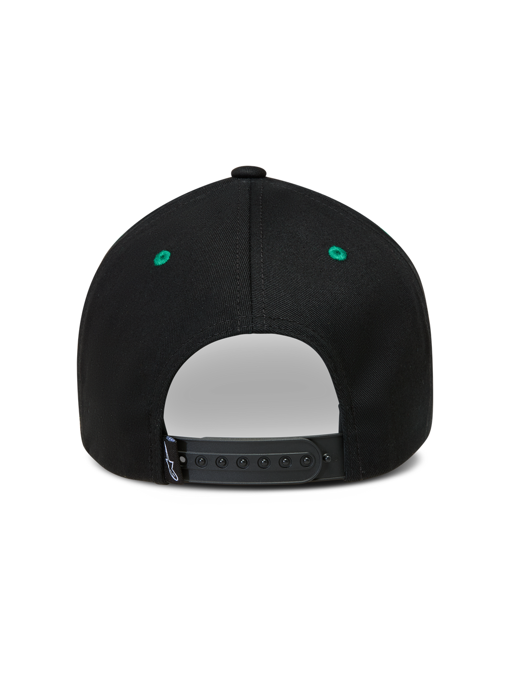 Alpinestars Retro Snapback, casquette sportswear noire et verte, vue de dos avec fermeture snapback ajustable