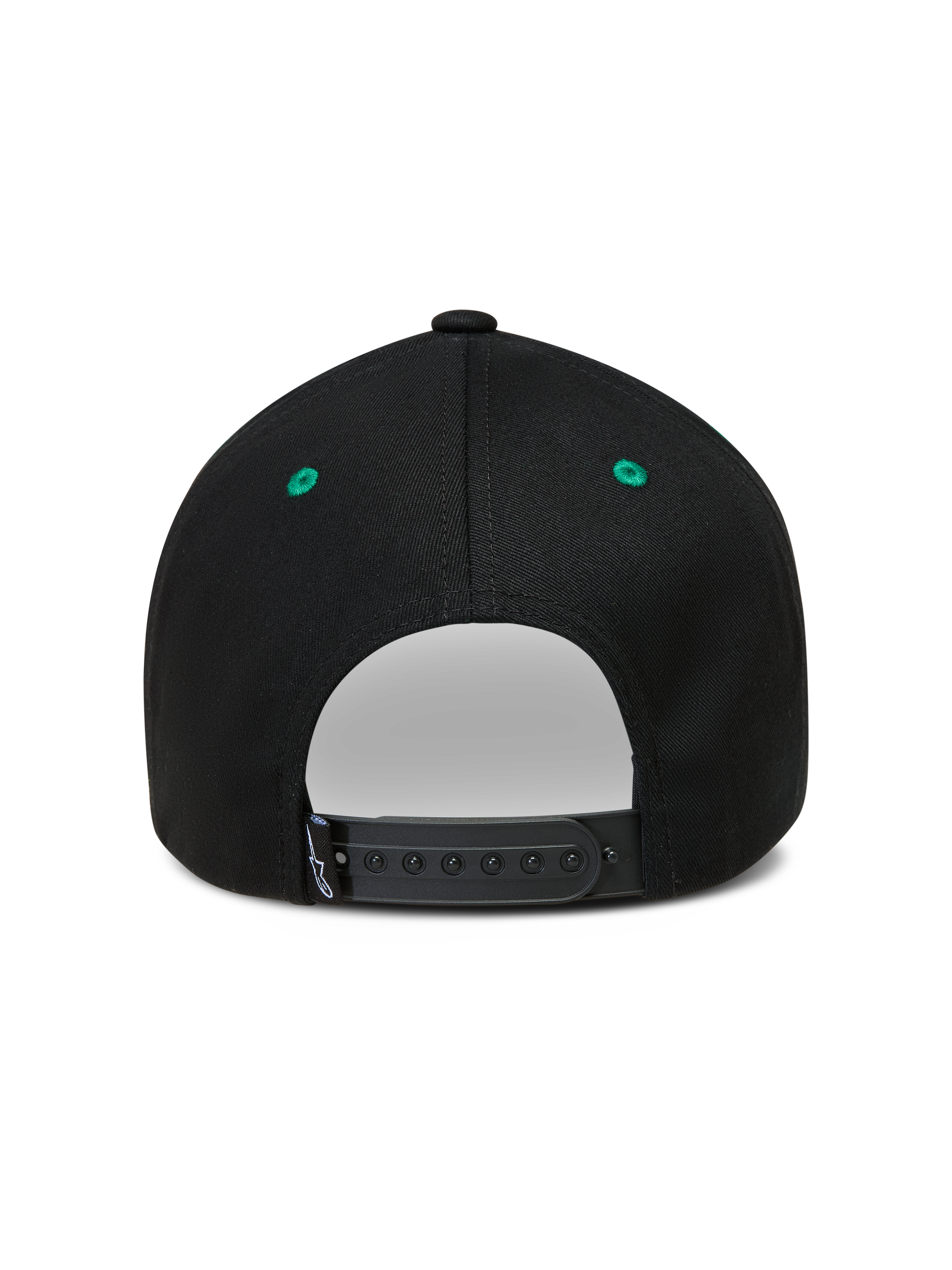 Alpinestars Retro Snapback, casquette sportswear noire et verte, vue de dos avec fermeture snapback ajustable