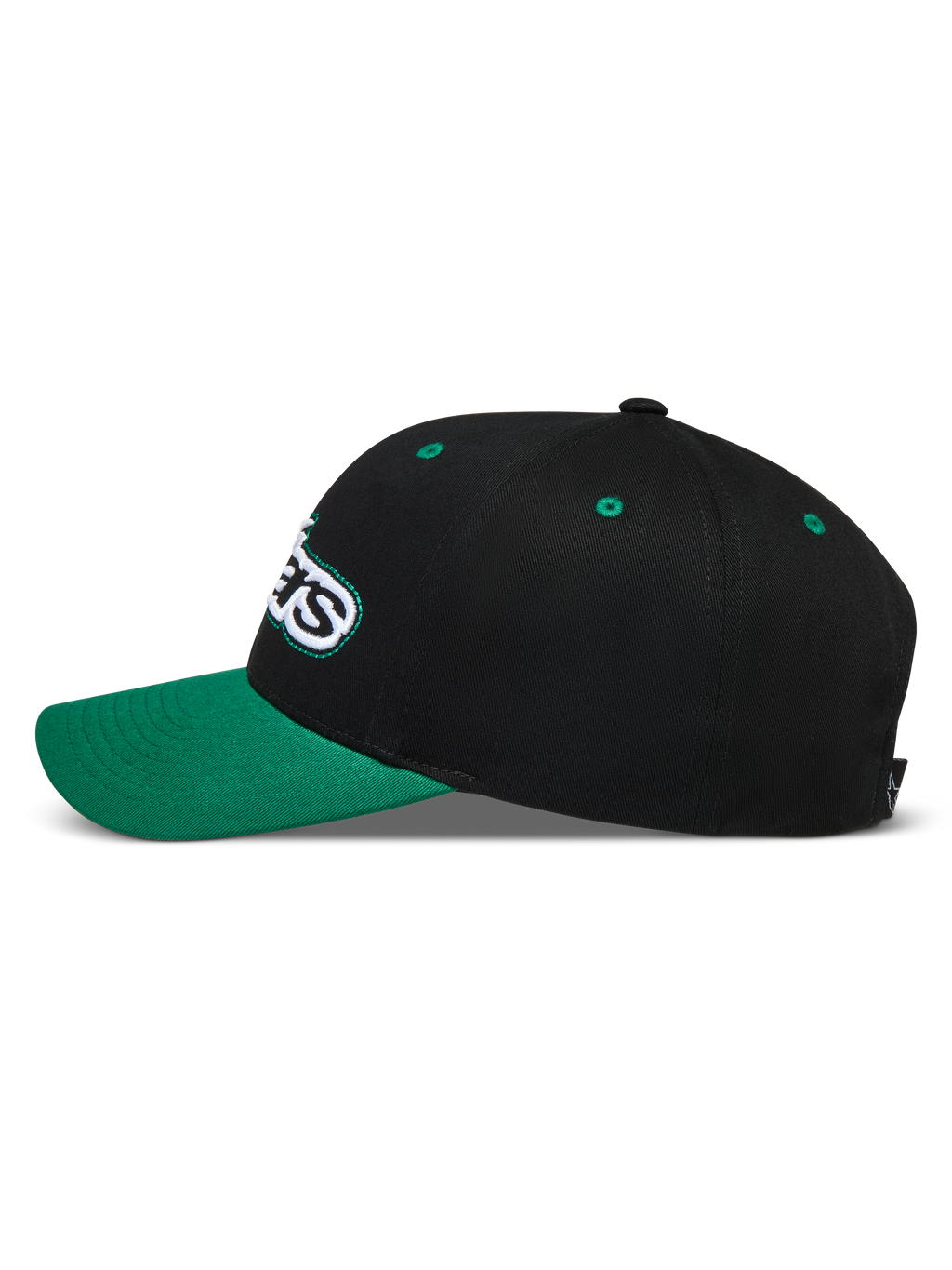 Alpinestars Retro Snapback, casquette sportswear noire et verte, vue de profil avec visière incurvée et logo Astars brodé.