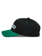 Alpinestars Retro Snapback, casquette sportswear noire et verte, vue de profil avec visière incurvée et logo Astars brodé.