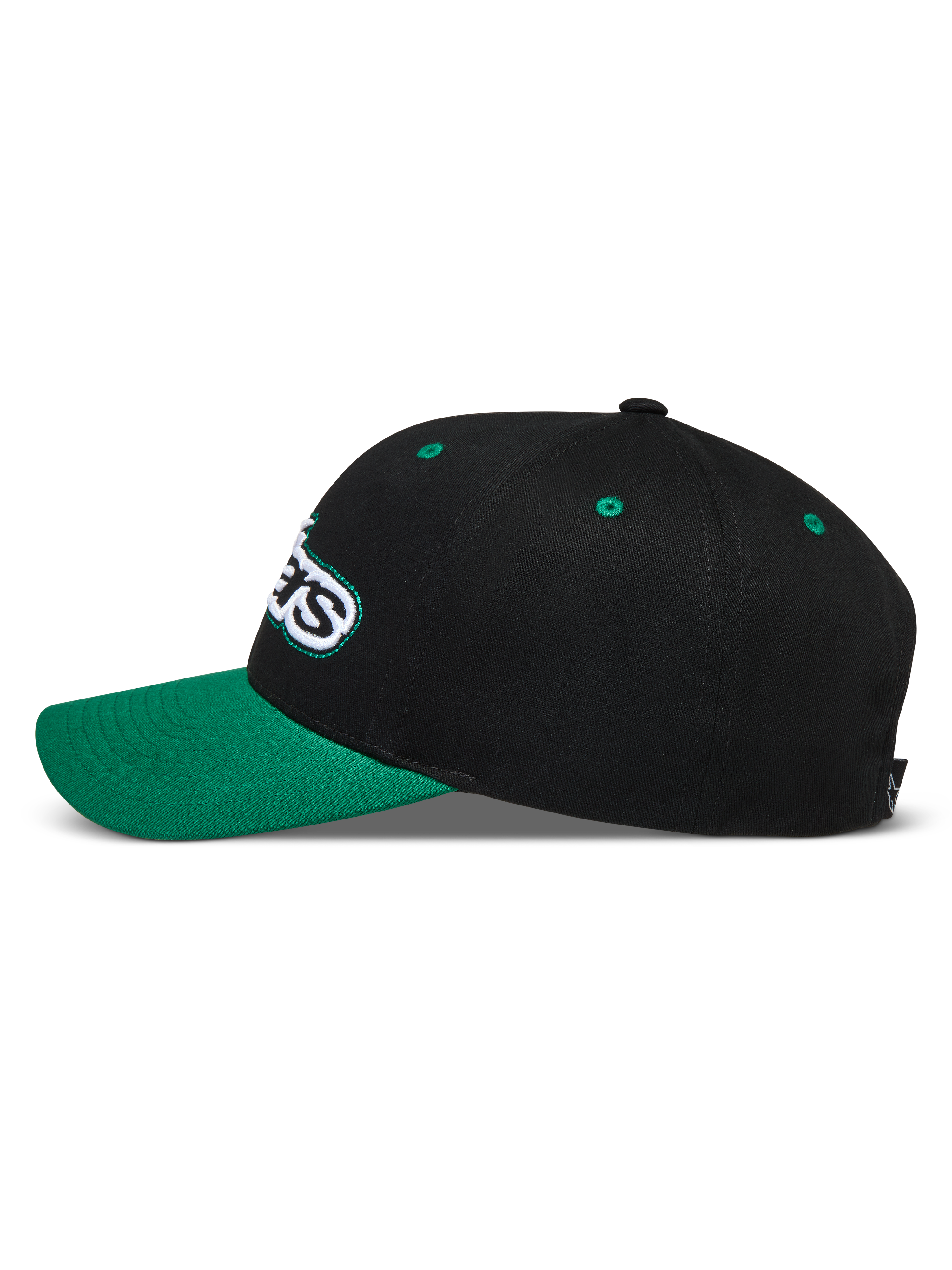 Alpinestars Retro Snapback, casquette sportswear noire et verte, vue de profil avec visière incurvée et logo Astars brodé.