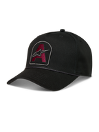 Alpinestars Acme Snapback Hat, black twill cap featuring a burgundy embroidered logo patch, curved bill, and rope trim.