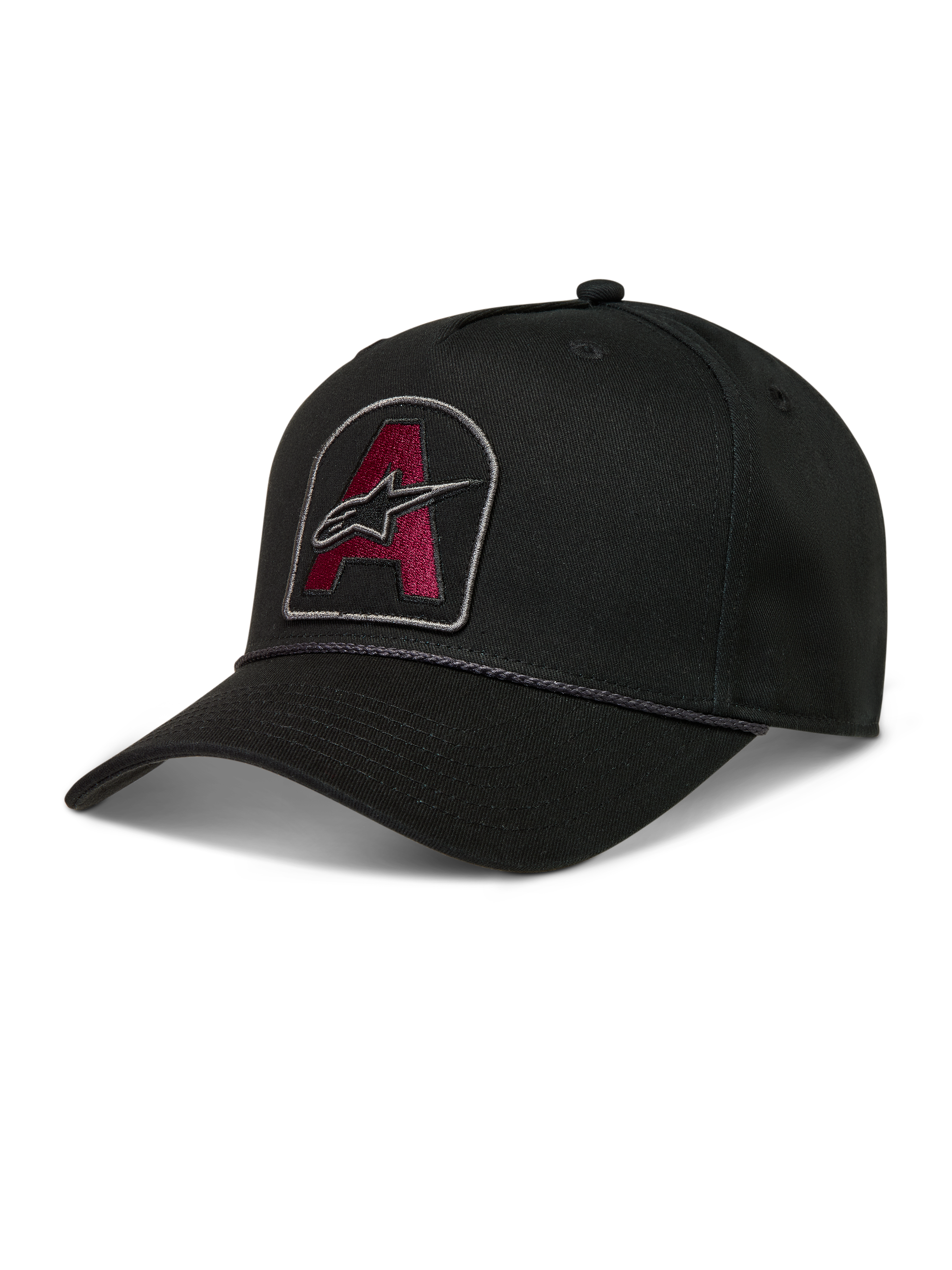 Alpinestars Acme Snapback Hat, black twill cap featuring a burgundy embroidered logo patch, curved bill, and rope trim.