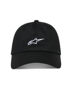 Alpinestars Dylan Dad Hat, Black Sportswear Cap with White Astars Logo, Curved Bill, Unstructured Low Crown, Cotton Twill.