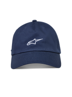 Alpinestars Dylan Dad Hat, navy blue cotton twill sportswear cap featuring a white embroidered Astars logo.