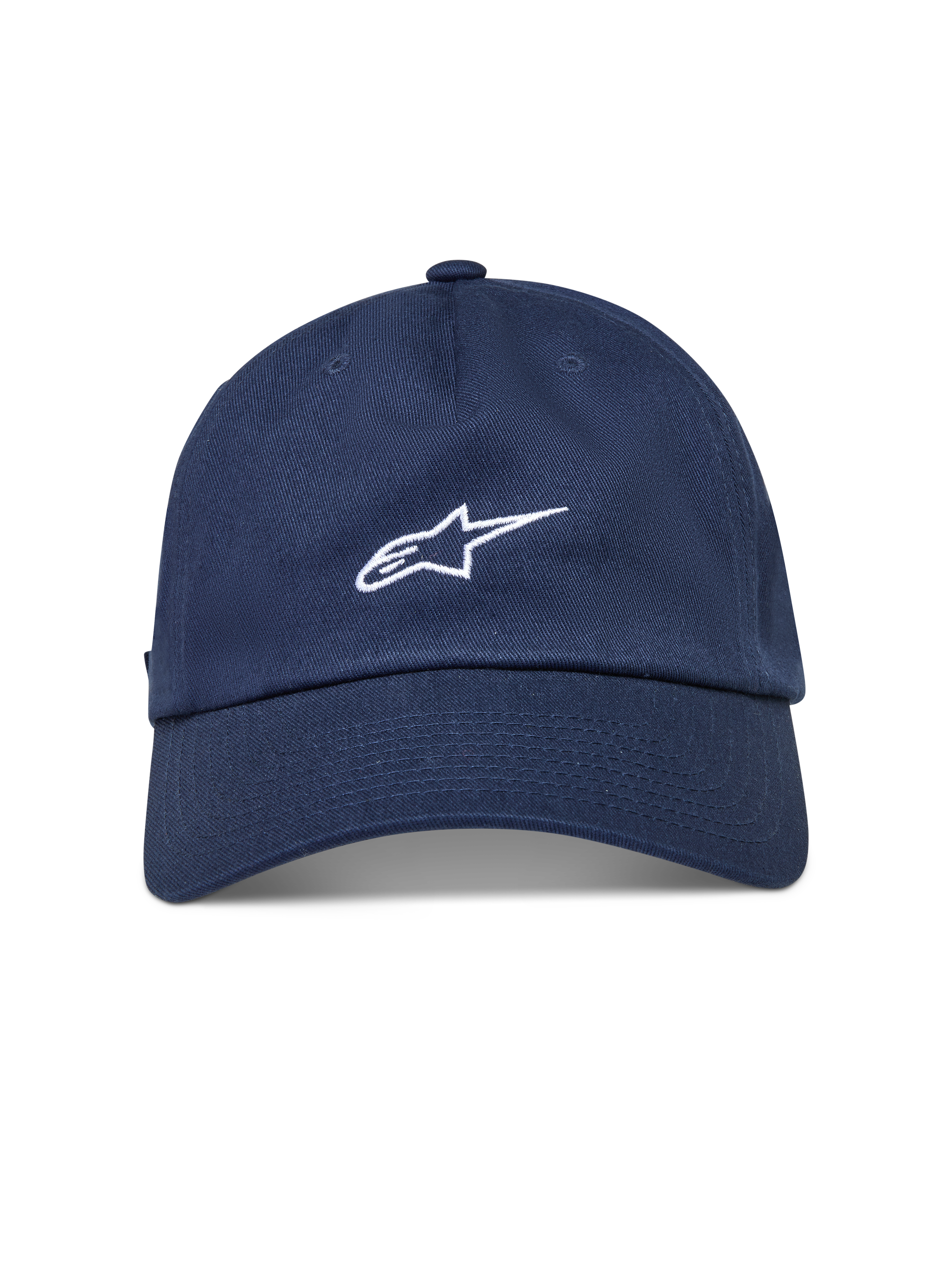 Alpinestars Dylan Dad Hat, navy blue cotton twill sportswear cap featuring a white embroidered Astars logo.