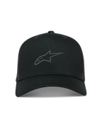 Alpinestars Augment Trucker Hat, Black Sportswear Mesh Cap featuring a curved bill and front textured puff print Astars logo.