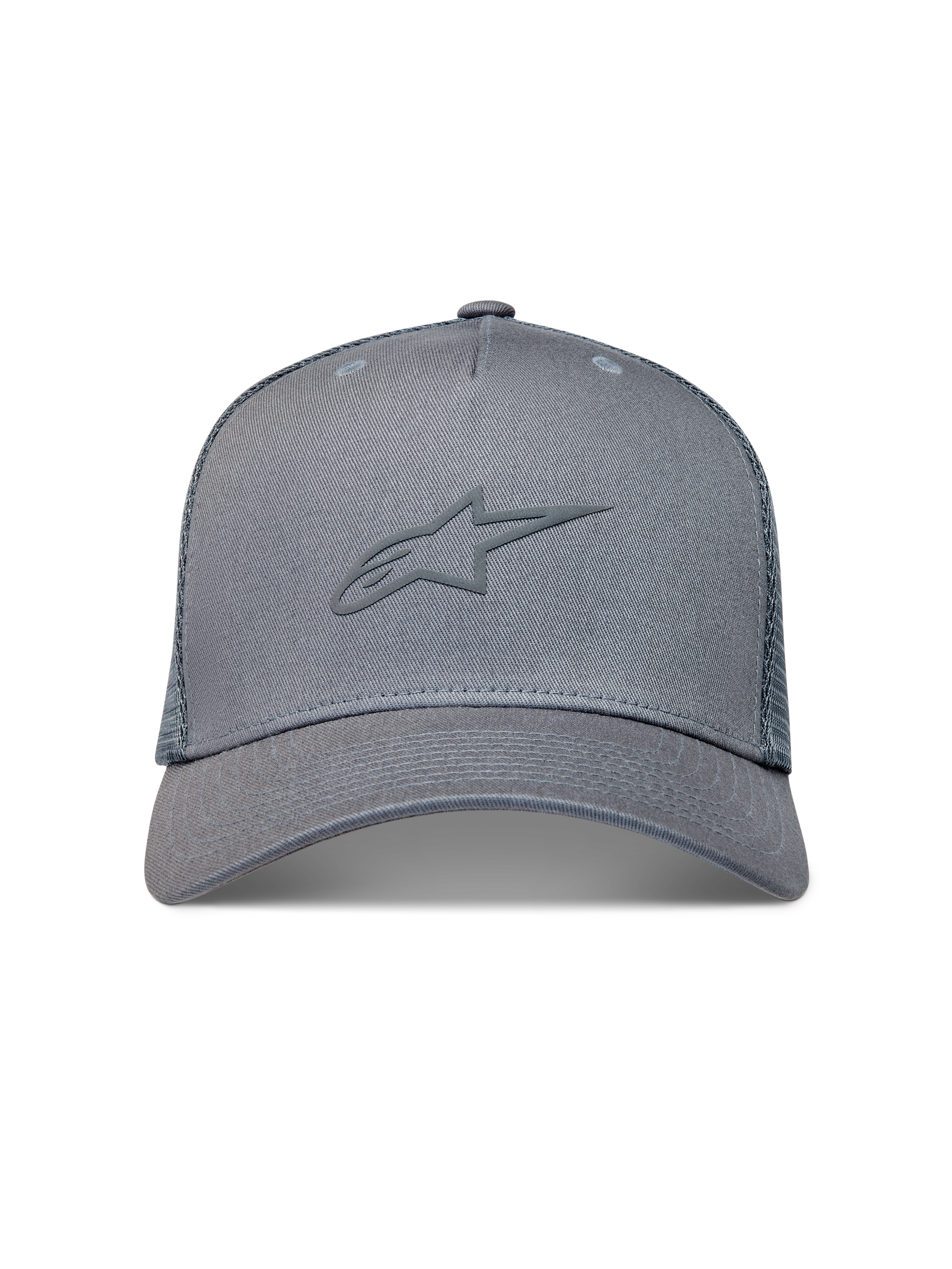 Alpinestars Augment Trucker, casquette sportswear grise avec logo gonflé texturé, visière incurvée et arrière en maille diamant.