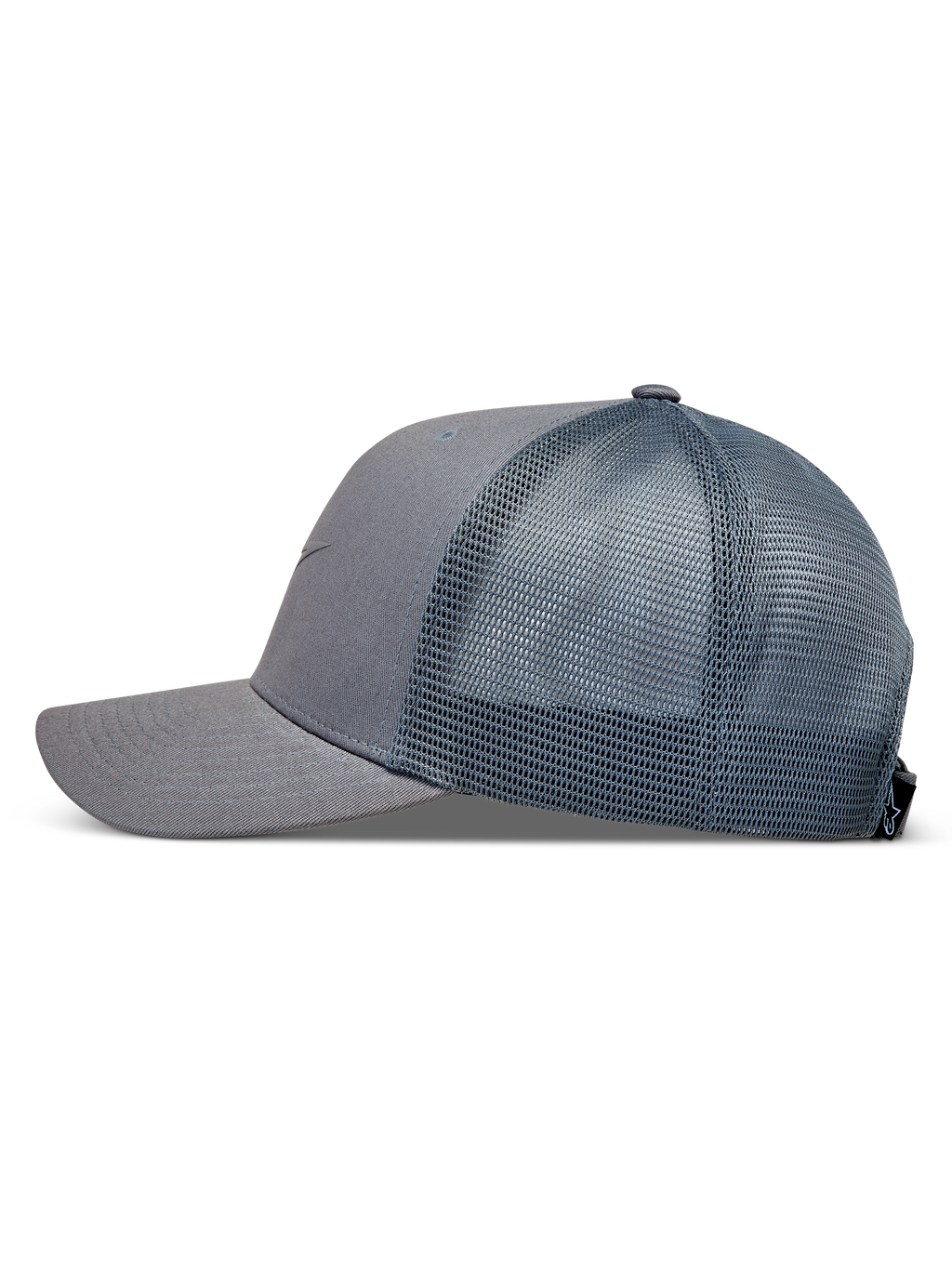 Alpinestars Augment Trucker, casquette trucker grise à visière incurvée et arrière en maille respirante.