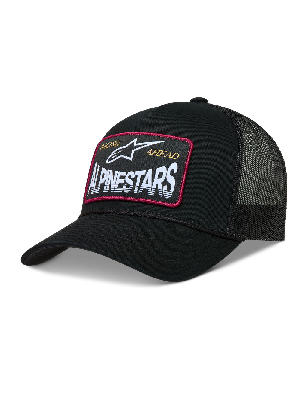 Alpinestars Hemmings Trucker Casquette, casquette de sportswear noire, écusson tissé à bordure rouge, maille et sergé.