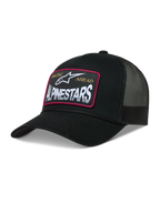 Alpinestars Hemmings Trucker Casquette, casquette de sportswear noire, écusson tissé à bordure rouge, maille et sergé.