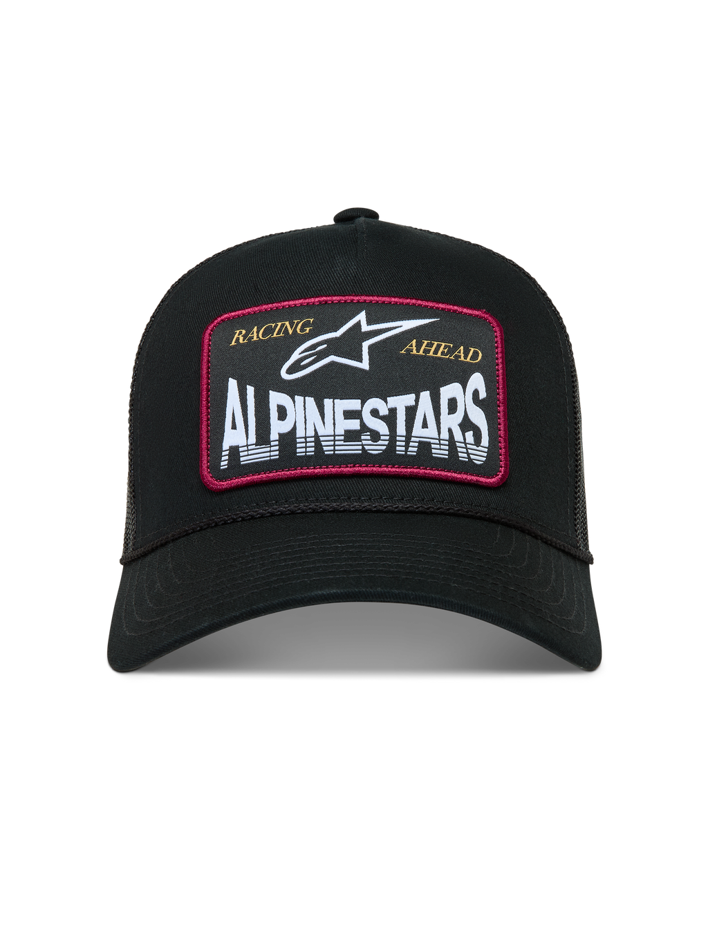 Alpinestars Hemmings, casquette trucker noire de sportswear avec écusson blanc, détails rouges et maille respirante.