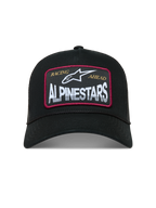 Alpinestars Hemmings, casquette trucker noire de sportswear avec écusson blanc, détails rouges et maille respirante.