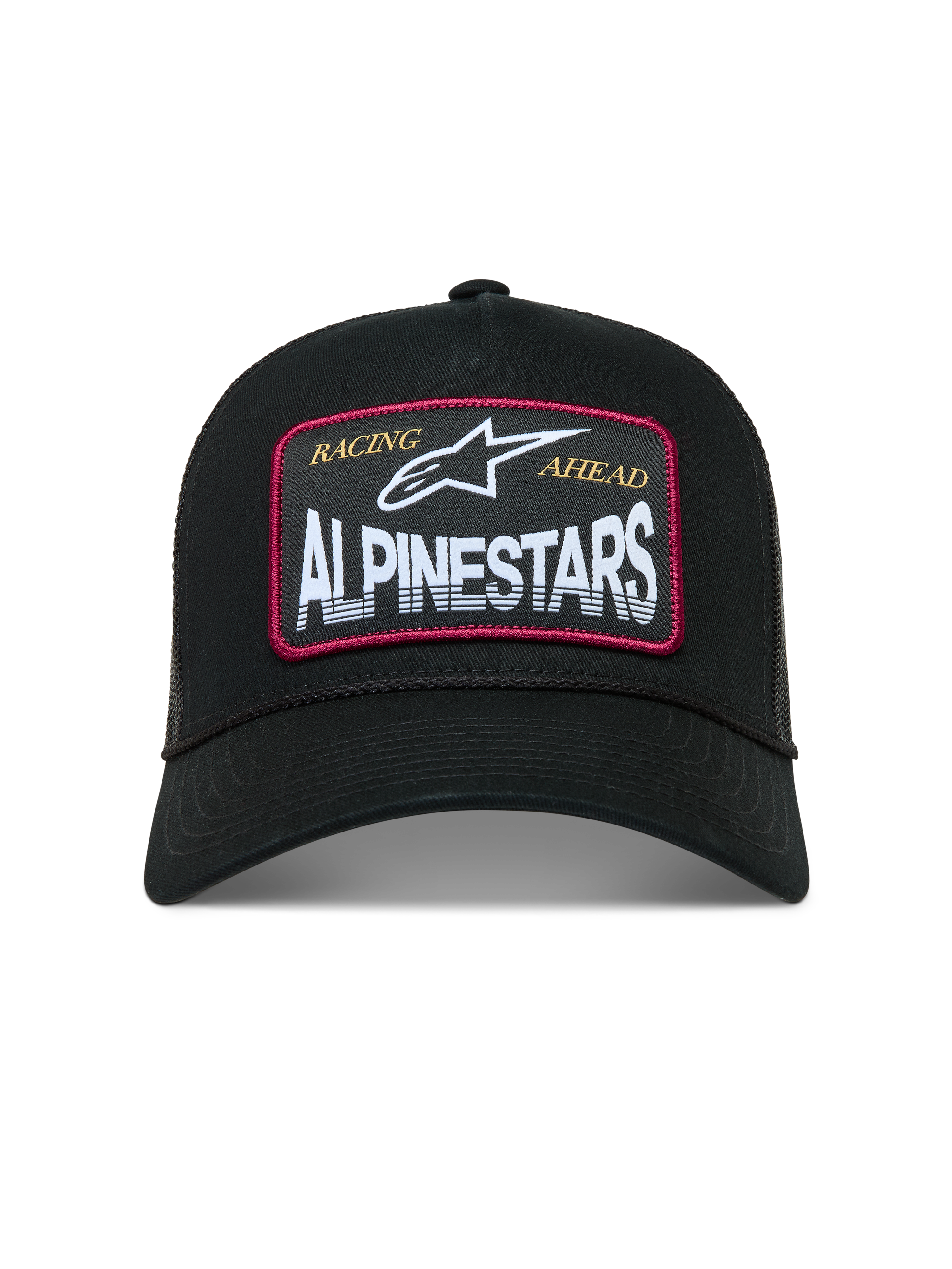 Alpinestars Hemmings, casquette trucker noire de sportswear avec écusson blanc, détails rouges et maille respirante.