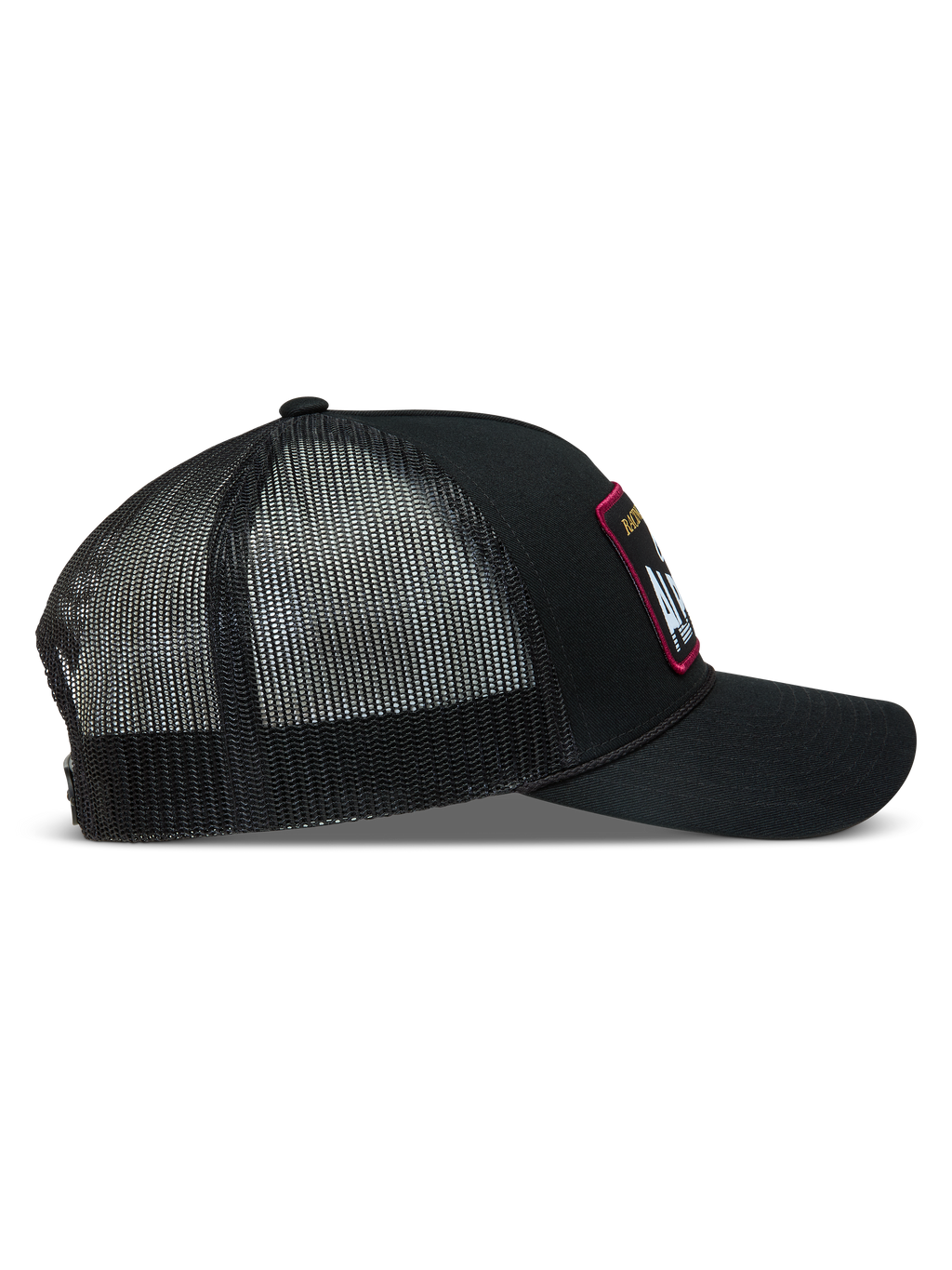 Alpinestars Hemmings, casquette trucker noire en sergé et maille respirante, vue de profil avec écusson
