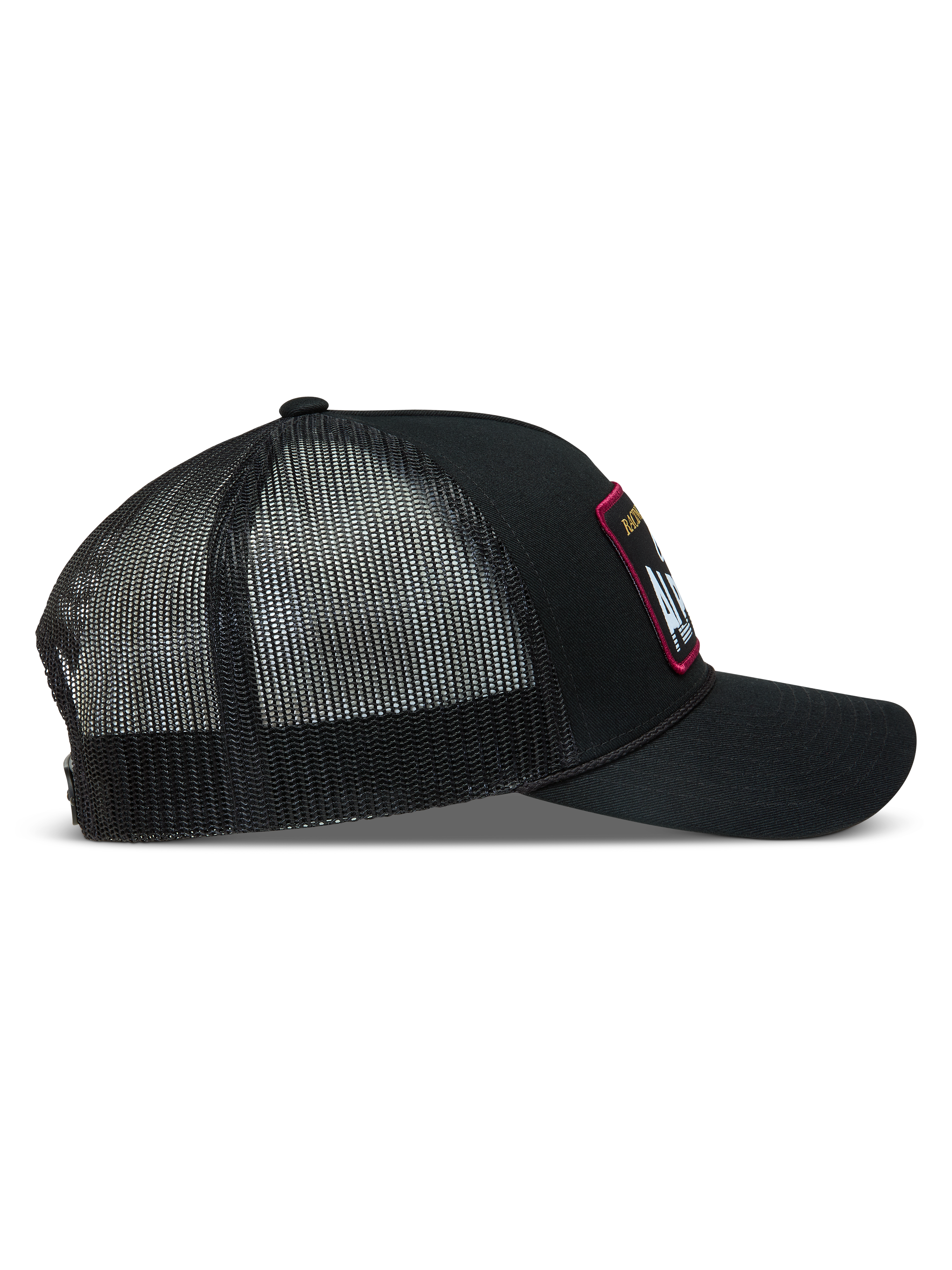 Alpinestars Hemmings, casquette trucker noire en sergé et maille respirante, vue de profil avec écusson