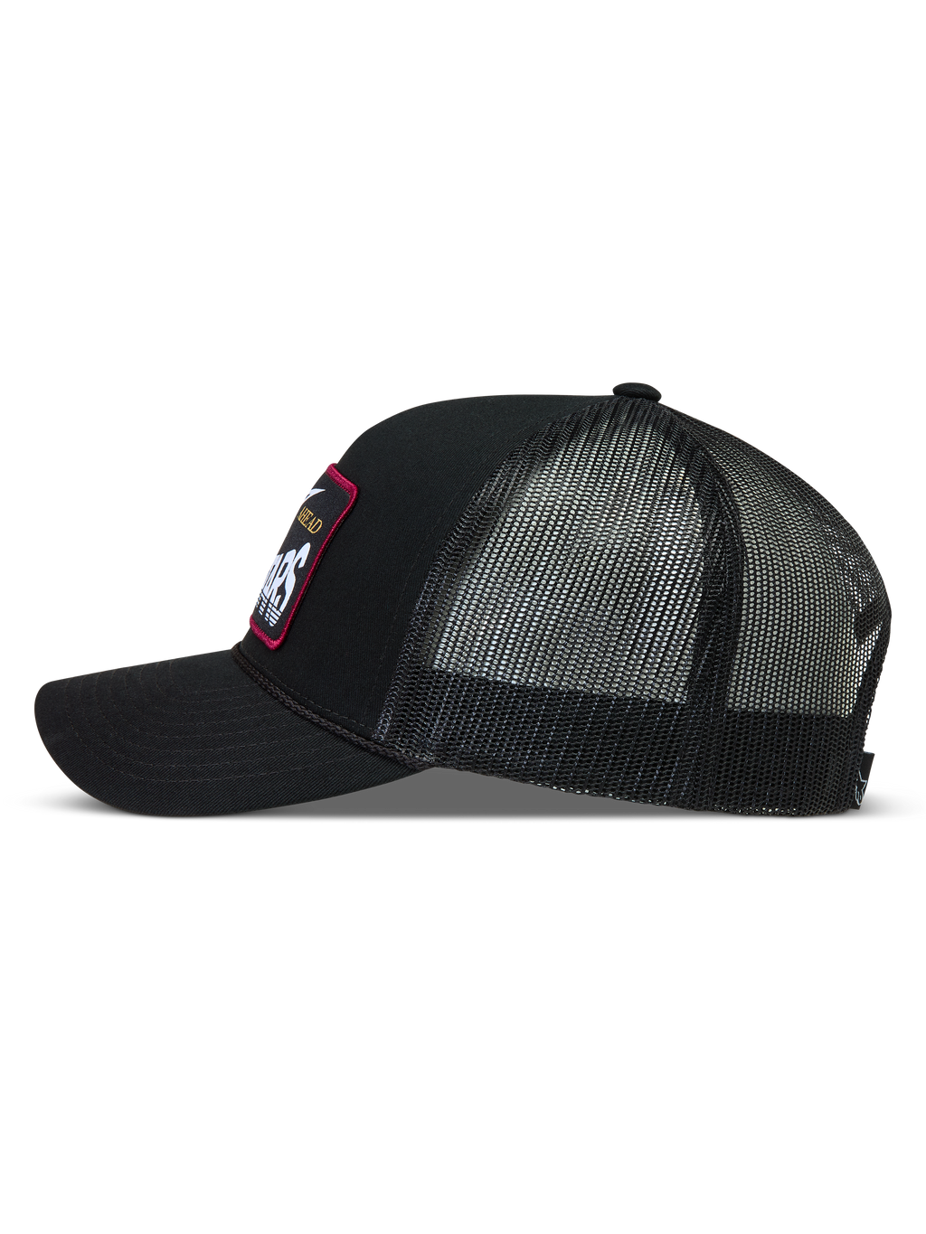 Alpinestars Hemmings, casquette trucker noire en sergé et maille, vue de profil avec écusson tissé.
