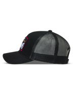 Alpinestars Hemmings, casquette trucker noire en sergé et maille, vue de profil avec écusson tissé.