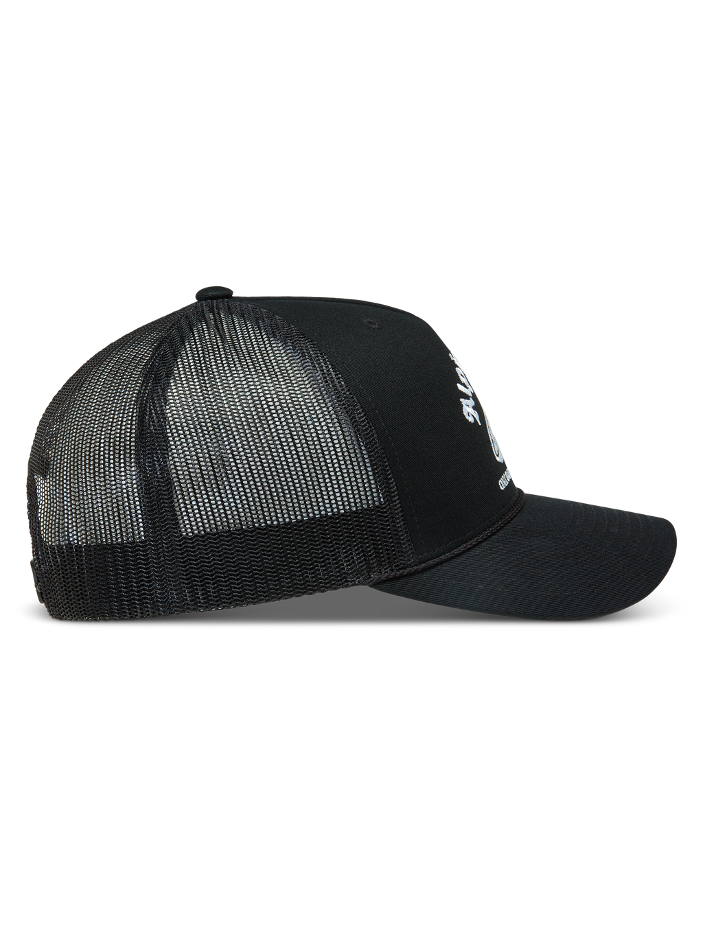 Alpinestars Baron Trucker, casquette trucker noire, vue de profil avec logo blanc, visière courbée et maille en polyester.
