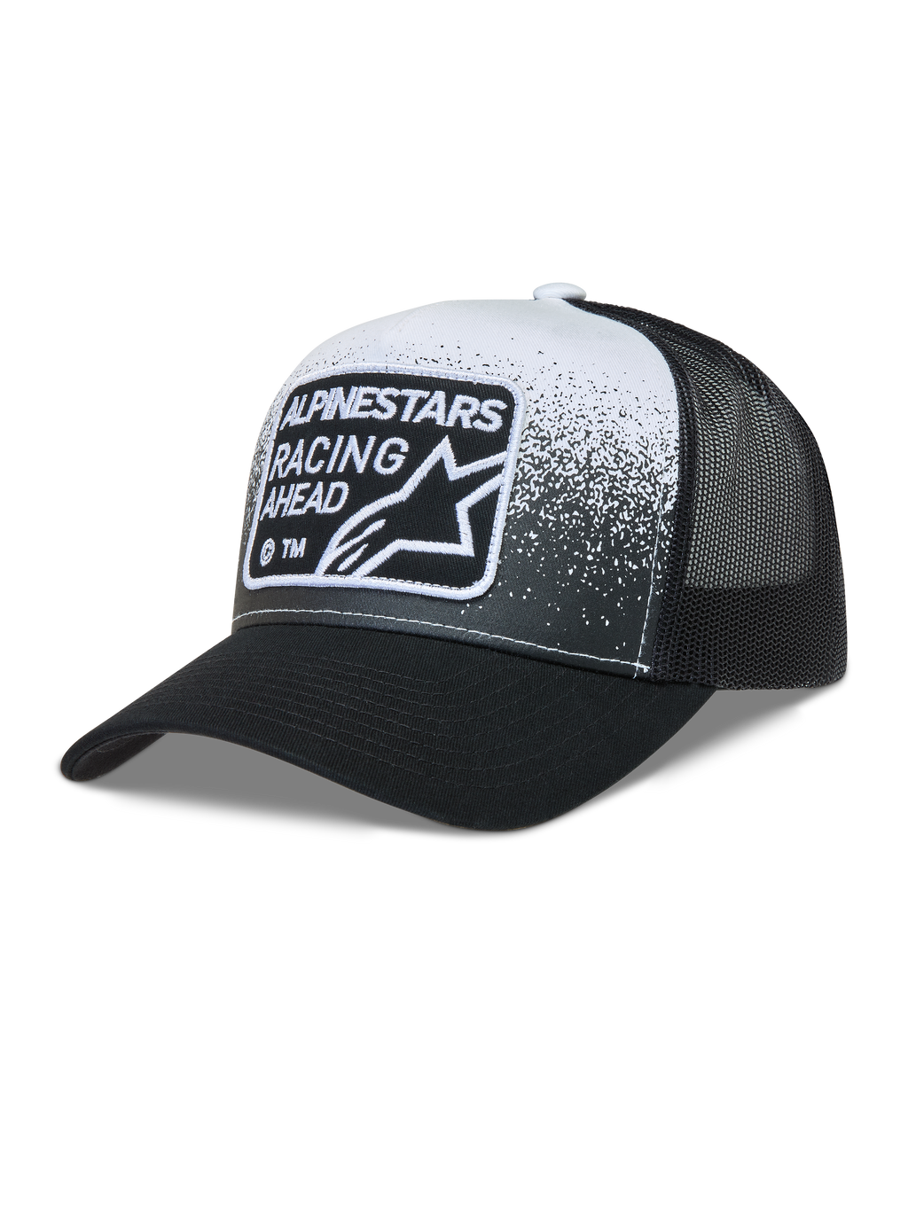 Alpinestars Gravel Trucker, casquette trucker noire et blanche avec visière courbée et écusson tissé Racing Ahead