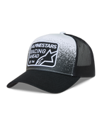Alpinestars Gravel Trucker, casquette trucker noire et blanche avec visière courbée et écusson tissé Racing Ahead